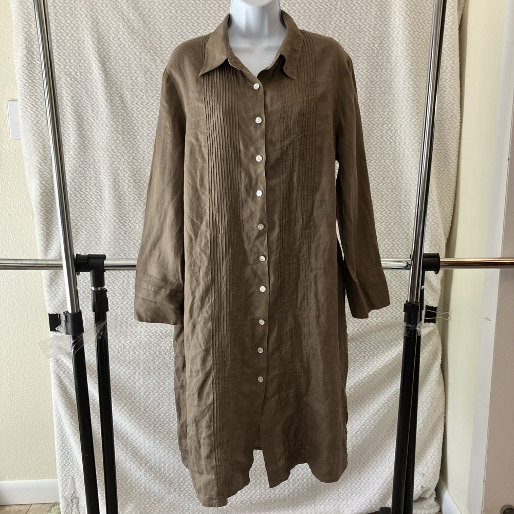 Coldwater Creek 100% Linen Brown Button-Up Tunic Dress Large Coastal Lagenlook - Picture 1 of 10